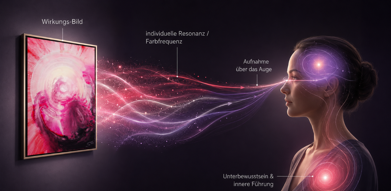 Das SALT-Wirkmodell: ein Wirkungs-Bild™ sendet über individuelle Resonanz und Farbfrequenz, die über das Auge aufgenommen wird und Unterbewusstsein und innere Führung erreicht.